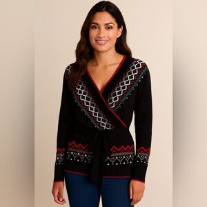 NWT NY & Company Geometric Knit Sweater – Size Large – Black Red White Tie Waist